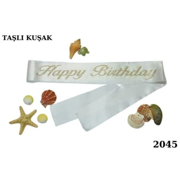 Taşlı Kuşak Happy Birthday Beyaz'a Altın