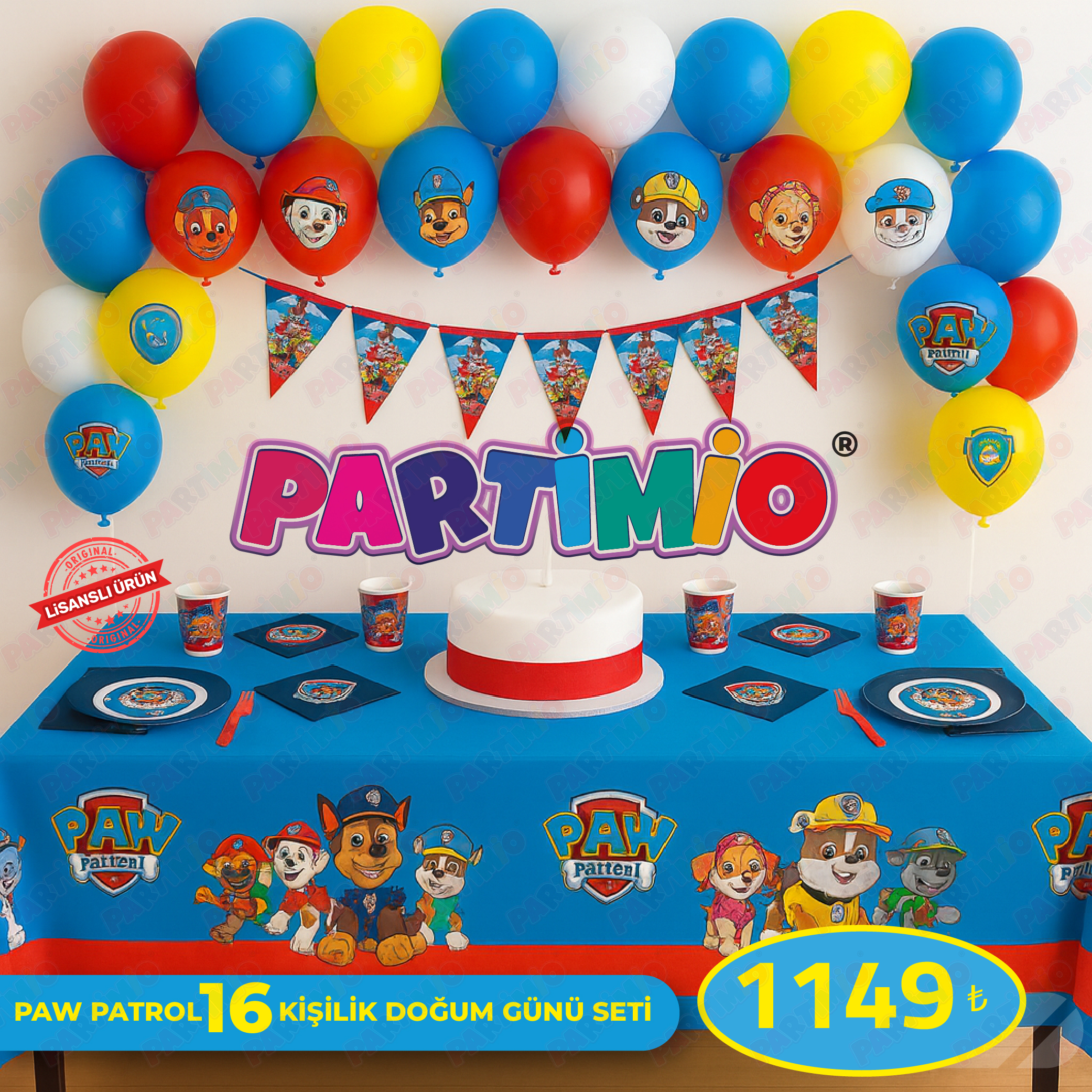 PAW Patrol konsept icerik 16kisilik-01 Paw Patrol Doğum Günü Seti 16 Kişilik – 81 Parçalık Lisanslı Parti Paketi